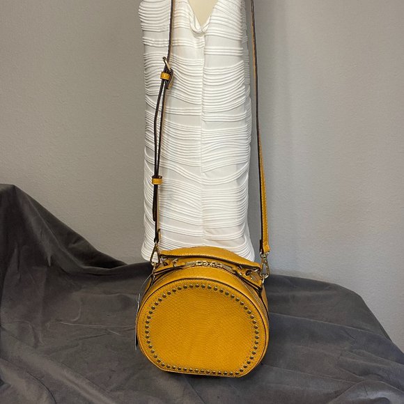 INC International Concepts Yellow Leather Round Box Purse with Adjustable Strap - Picture 8 of 9